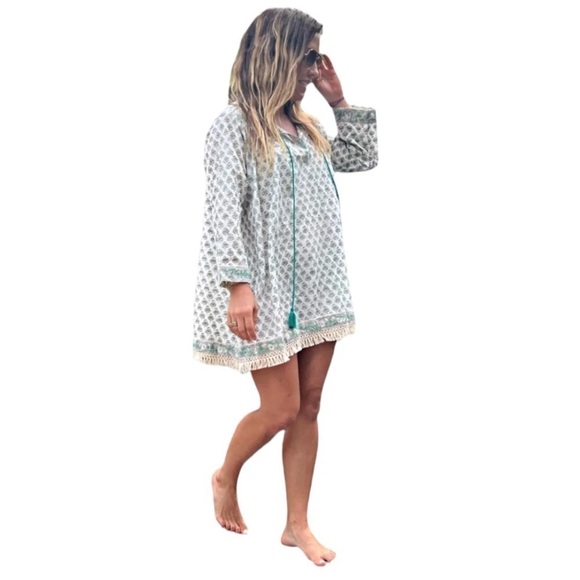 sur la vague Tops - Sur La Vague Lauren Tunic Coverup Kaftan Dress with Fringe detailing